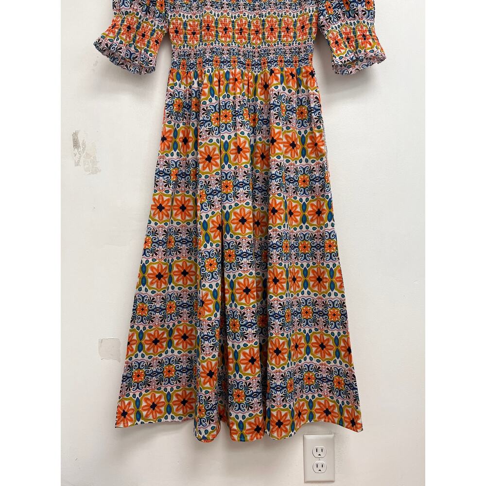 Boden Smocked Bodice Midi Dress Colorful Cute Tapestry Stripe Puff Sleeves US6 - Picture 10 of 13